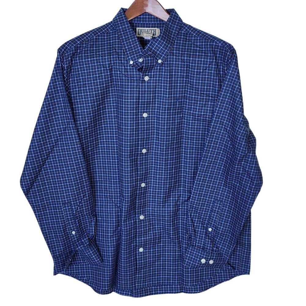 Duluth Trading Co Mens Shirt 2XL Blue Plaid Check Long Sleeve Trim Fit Button